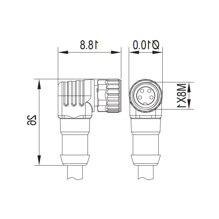 M8 4-PIN, female 90°, single-end precast PUR flexible cable, shielded, black sheathed, 63S145-XXX