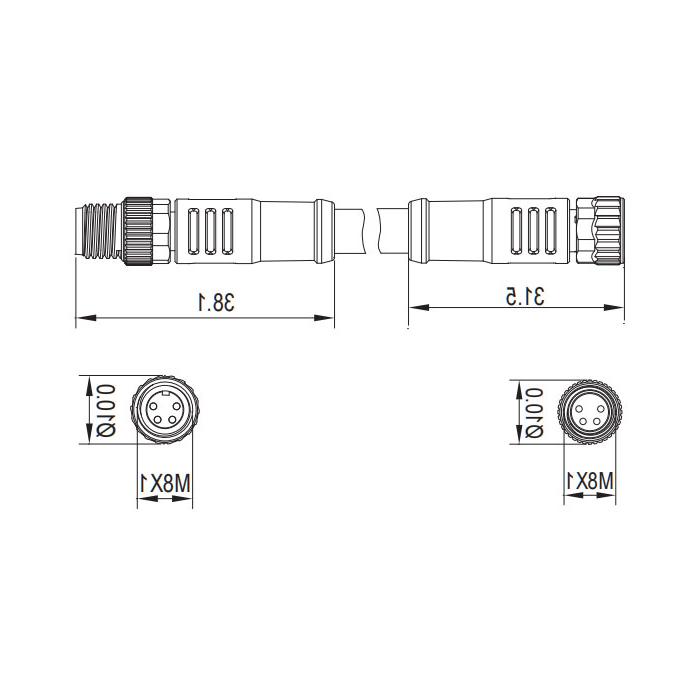 M8 4-PIN, female straight turn male straight, double end precast PUR flexible cable, black sheath, 63D121-XXX