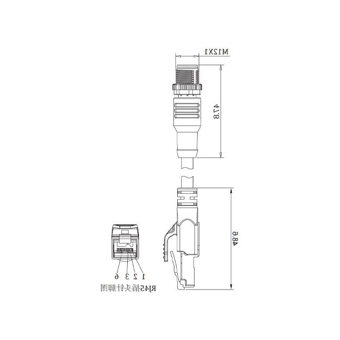 M12 4Pin D-coded male straight turn RJ45 Male straight, double-ended precast PUR flexible cable, shielded, yellow sheath, 0C4142-XXX