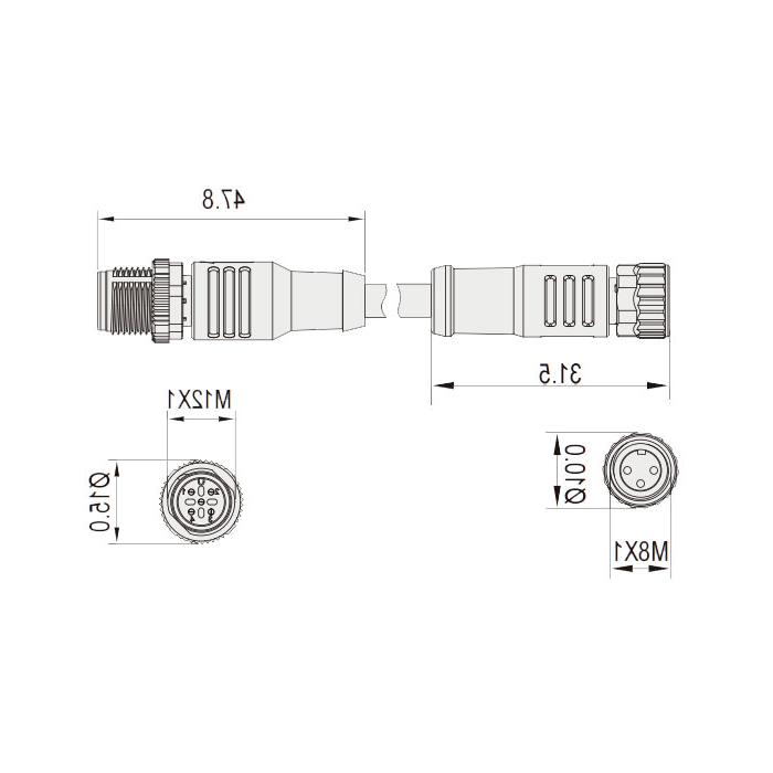 M8 to M12 3Pin, M8 straight female head with LED light to M12 straight male head, double-ended pre-cast PVC non-flexible cable, gray sheathing, 63D253-XXX