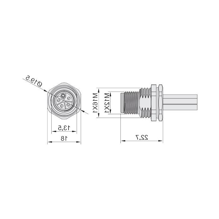 M12 5Pin L-coded, straight male head, flange socket, plate mounting, pre-cast UL electronic wire, 64LB21-XXX