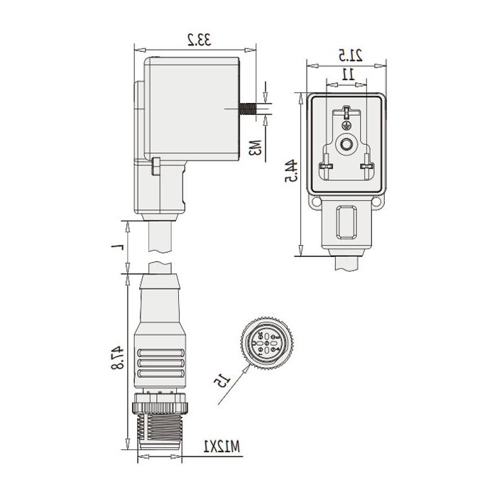 Valve plug Type B, Industrial, 11 mm, 3Pin/M12 male straight, double-ended pre-cast PVC non-flexible cable, grey sheathing, 6VB143-XXX